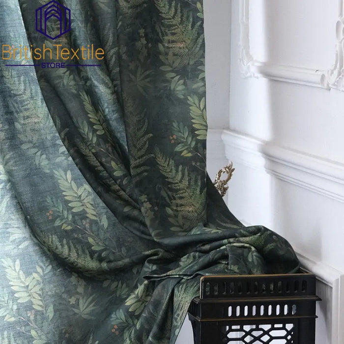 Modern Dark Green Forest American Pastoral Linen Curtains for Living Room Bedroom Dining Luxury Blackout Window Drapes Custom