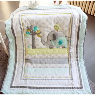 100% Cotton Crib Baby Comforter Bedding Set Cute Applique Embroidery Elephant and Tree 5 Pieces Crib Bedding Set for Baby
