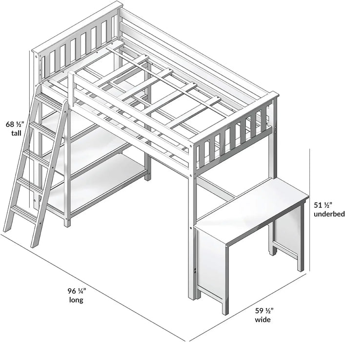 High Loft Bed, Twin Bed Frame for Kids With Bookcase and Desk, Clay