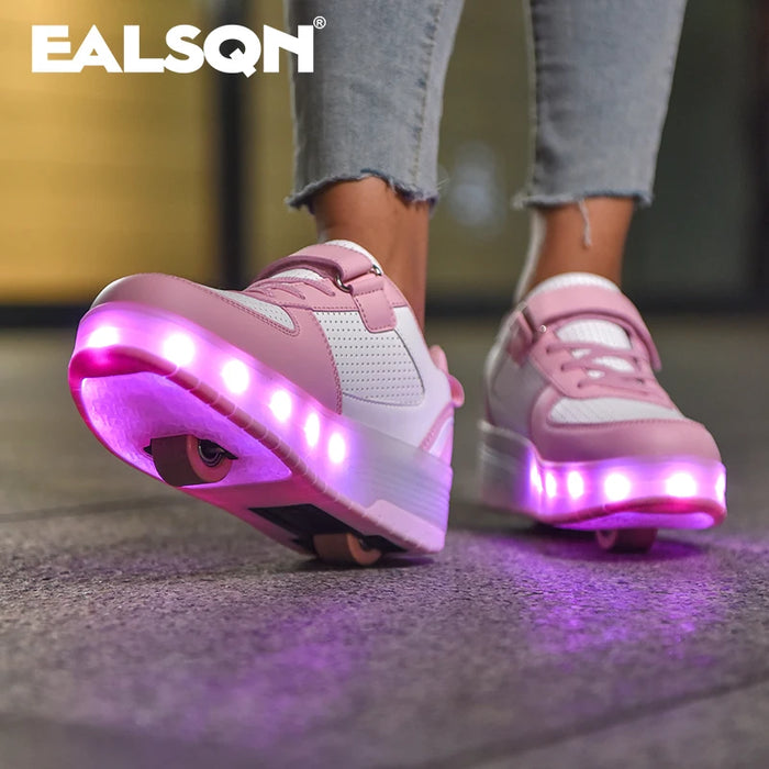 Children’s Two Wheels Luminous Glowing Sneakers Heels Pink Led Light Roller Skate Shoes Kids Led Shoes Boys Girls USB Charging