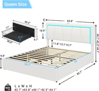 Bed Frame Queen Size with 4 Storage Drawers and LED Lights Faux Leather Upholstered Queen LED Platform Bed Frame with USB