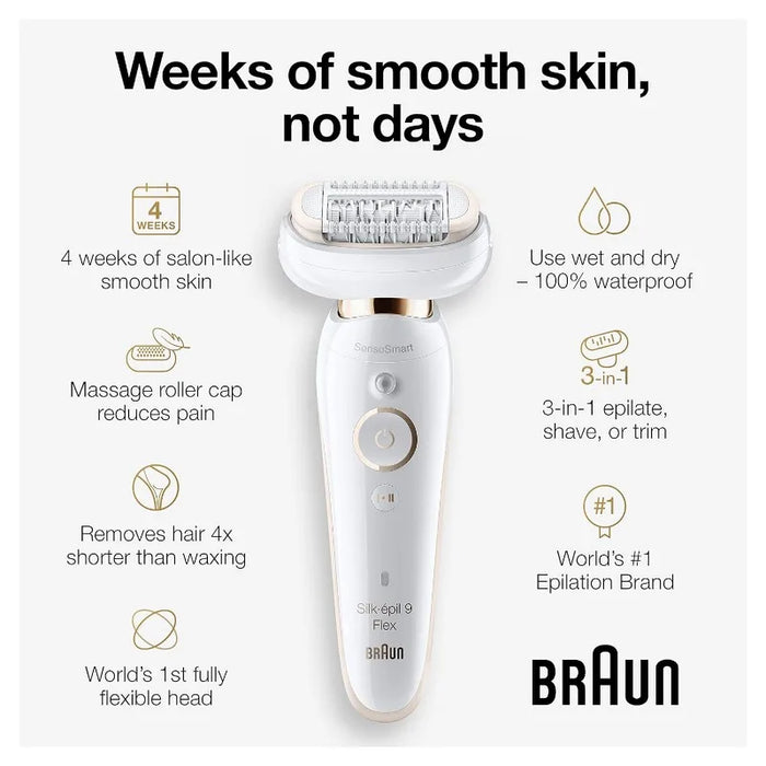 Braun  9-030 Epilator w/ Flexible Head，Facial Hair Removal for Women and Men，Hair Removal Device，Cordless，Rechargeable，Wet & Dry