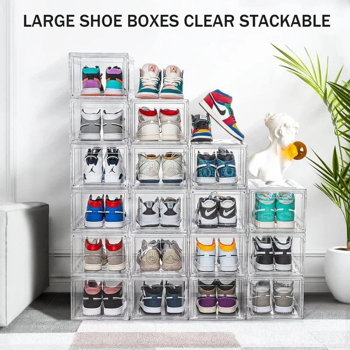 10 Pack Large Shoe Boxes Clear Stackable , Space Saving Acrylic , Foldable Shoe Container Boxes that Fits Up to Size 14 Shoes