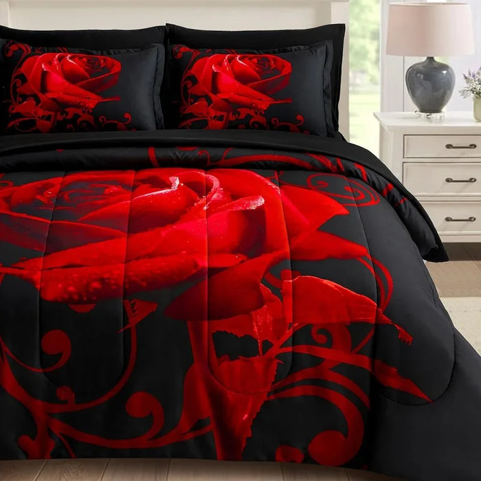 Red Comforter Set Queen,Reversible Red Rose Pattern Printed 7 Pieces Bed in a Bag, Lightweight Soft Microfiber Comforter Bedding