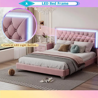 3-Pieces Bedroom Sets Queen Size Upholstered Platform Bed Frame with LED Lights and Two Nightstands ModernWooden Velvet