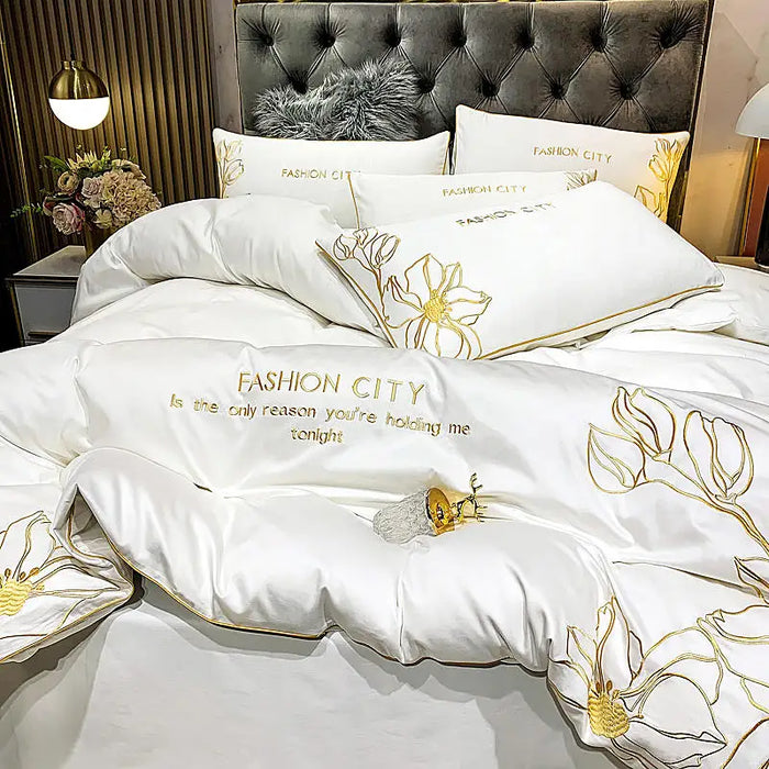 Golden Embroidered Duvet Cover Set 100%Cotton 4pcs Quilted Pure White Bedding Bed Sheet Pillowcases Home Textile