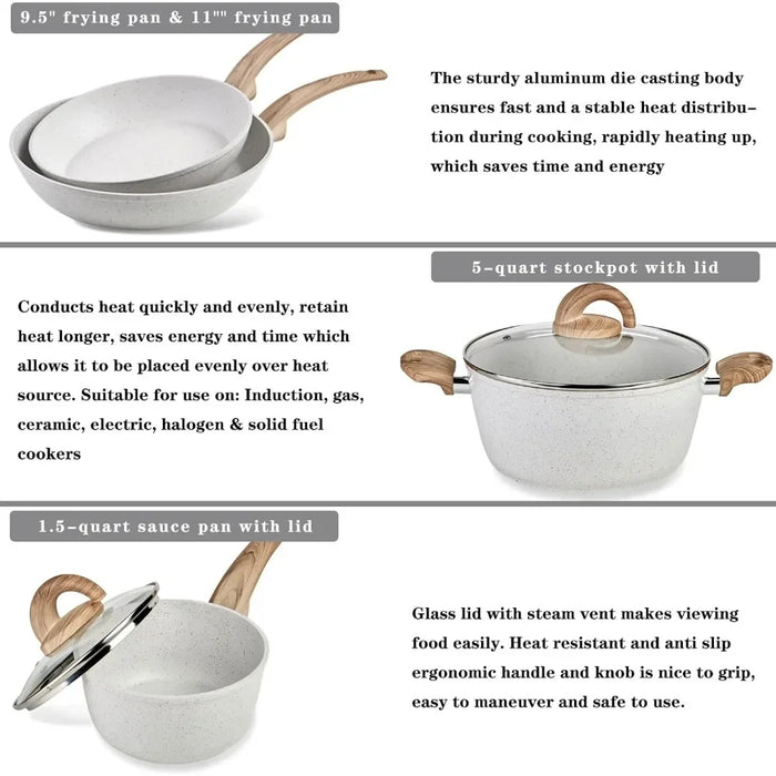 Pink Ceramic Cookware Set Kitchen Cooking Sets Induction Pot and Pan w/Frying Pans, Saucepans, Casserole, Non-Toxic