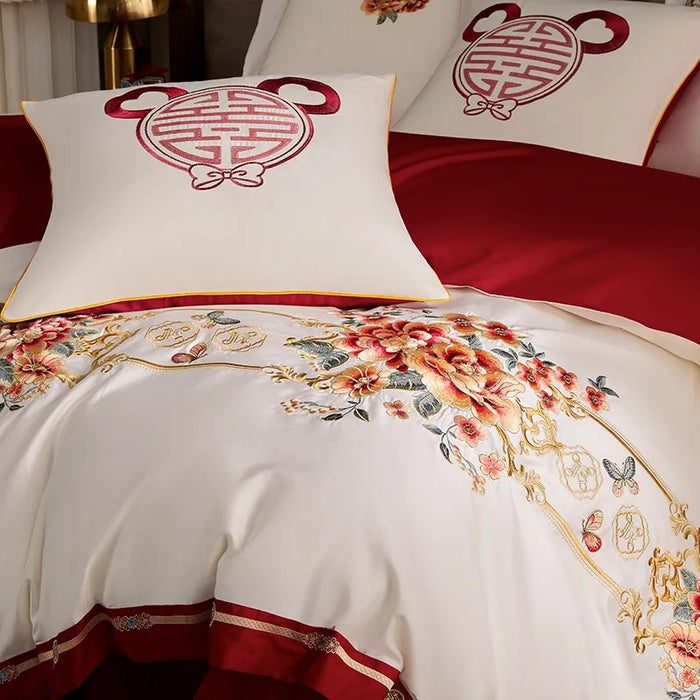 Luxury Double Happiness Blossom Embroidery Wedding Red Bedding Set 4/7Pc 1000TC Egyptian Cotton Duvet cover Bed sheet Pillowcase