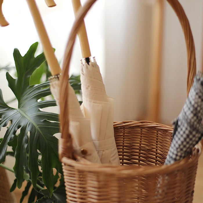 Rattan Umbrella Storage Basket With Handle Japanese Style Creative Home Decor Wicker Weaving Sundries Storage Basket Organizer