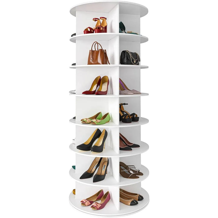 7 Tier Rotating Shoe Rack Tower, revolving 360 Shoe Rack Storage Round Carousel, Vertical Handbag Rotate Shoes Closet White