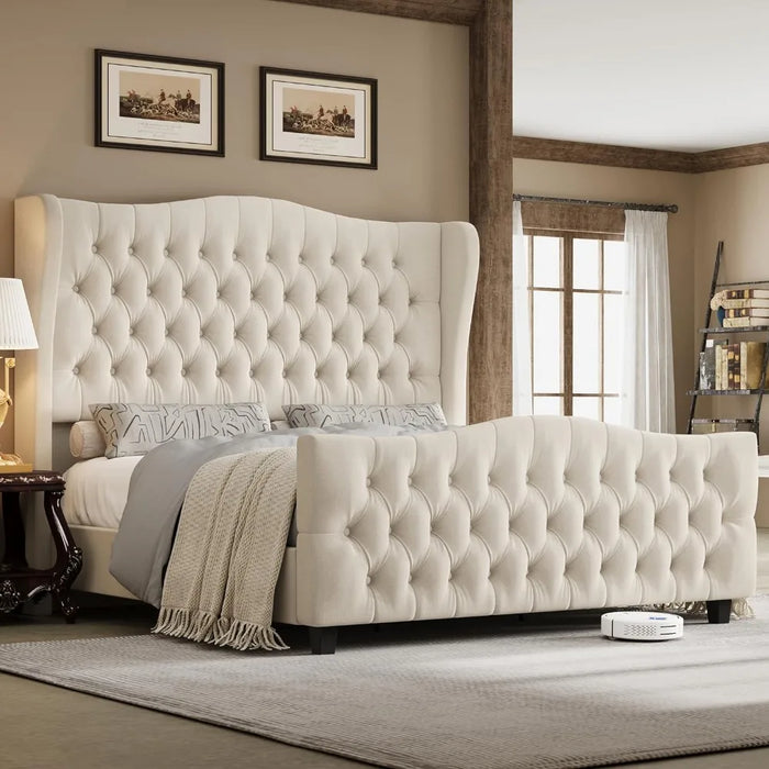 King Bed Frame with Velvet Upholstered Deep Button Tufted Wingback Headboard and Footboard, No Box Spring Needed, King Bed Frame