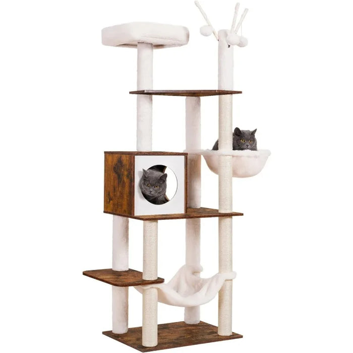 Wooden Cat Tree,55.5“ Cat Furniture with Scratching Posts, Modern Cat Tower with hammocks, Toys, condo, Rustic Brown