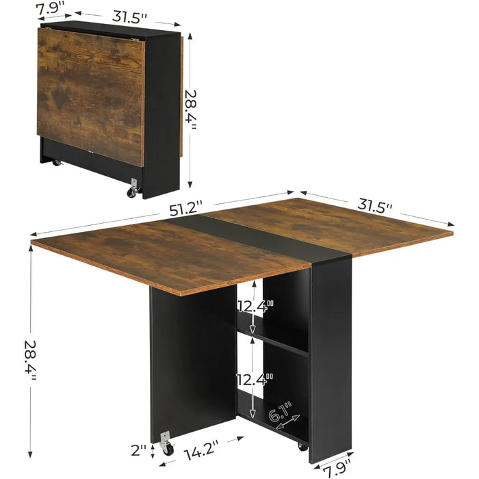 Folding dining table with 6 wheels, deciduous table for small spaces, foldable dining table with 2 levels of storage shelves