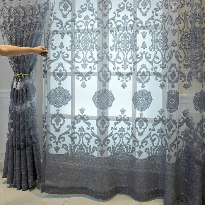 European Style Curtains for Living Dining Room Bedroom Custom Luxury Hollow Embossed Embroidery Gray Tulle Window Curtain Decor