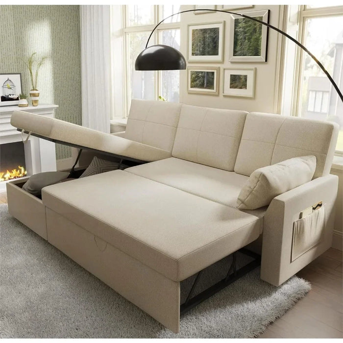 Sleeper Sofa,Sofa Bed- 2 in1Pull Out Couch Bed with Storage Chaise for Living Room, Beige Chenille Couch Sofa Cama Tatami  Couch
