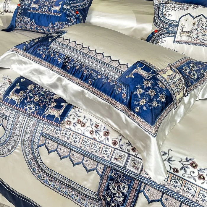 Chic Decorator Upholstery Quality Tassels Bedding Blue Silver Patchwork Luxury Embroidery Duvet Cover Bedspread Sheet Pillowcase