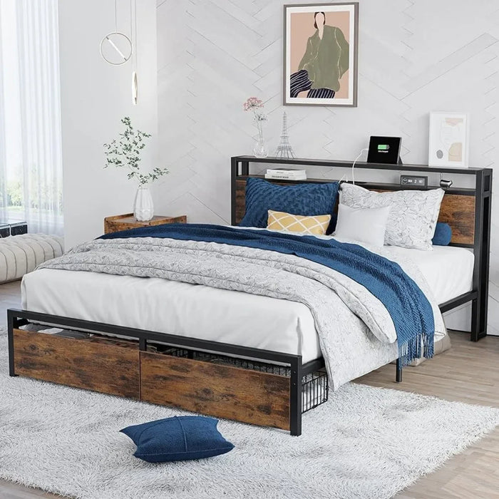 Bedroom furniture full size bed frame with storage drawers, platform bed with headboard and charging station, vintage brown