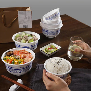 Disposable Blue and White Bowl Lunch Boxes Round Food Grade Kitchen Attachment Takeout Packed Bento Fast Food Soup Rice Bowl New