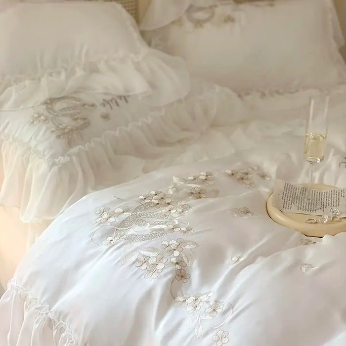 White Lace Embroidery Bedding Set Luxury Korean Princess Wedding 100% Cotton Duvet Cover Bed Sheet Pillowcases Home Textile