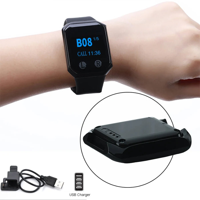 Restaurant Equipment Wireless Receiver Food Wrist Watch Pager with 6pcs Call Button Wireless Calling Watch Pager