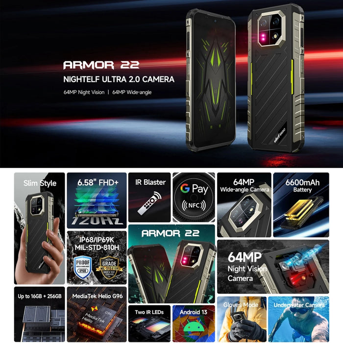 Ulefone Armor 22 Rugged Android 13 Mobile Phone 8GB+128/256GB Global Smartphone 6600mAh 64MP Night Vision Camera World Premiere