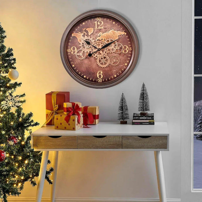 24 Inch Wall Clock with Moving Gears, Industrial Decor Clock, Oversized Silent Clock for Living Room, Oil Rubbed Bronze Brown