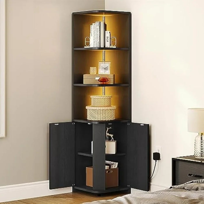 Corner Cabinet with LED Lights, 71.1“ Corner Bookshelf and Bookcase with Storage, Modern Display Corner Shelf