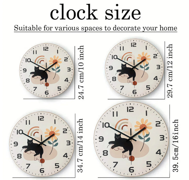 casual Black Cat Sunflower Pattern Wooden Wall Clock Living Room Bedroom Kitchen Home Decor Wall Clock Silent Quartz Clock Holiday Gift 10inch 12inch 14inch 16inch (No Battery)