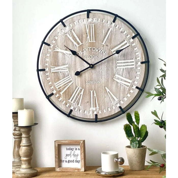 24 Inch Farmhouse Wall Clock, Antique Wood w/Metal Circle & Large Engraved Numerals, Battery Operated Wall Clock for Living Room