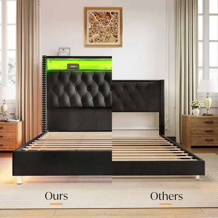 Bed Frame, Upholstered with Charging Station, Headboard Storage, Activated Night Light, No Need for A Spring Box, Bed Frame