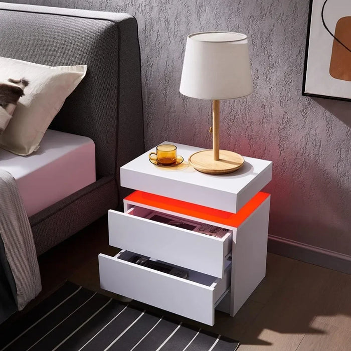 Side Bed Table With LED Light Bedside Tables for the Bedroom Furniture Generic Nightstand Set of 2 LED Nightstand With 2 Drawers