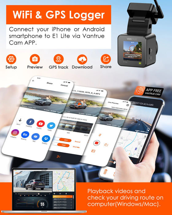 Vantrue E1Lite Front camera for Car 1080P Mini Dashcam with GPS APP Voice Control 24hours Parking Mode Video Record Night Vision