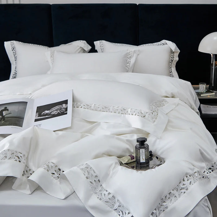 Pure White Egyptian Cotton Bedding Set Luxury Hollow Out Embroidery Duvet Cover Bed Sheets Pillowcases High-end Hotel Bed Set