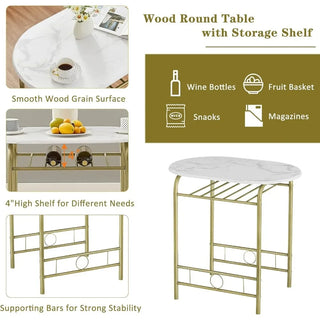3 Piece Kitchen Breakfast Small Round Table Set, Space Saving, 31.5" Wood Grain Countertop, Wine Storage Rack