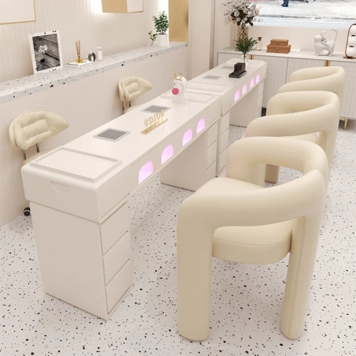 Cream Style Nail Table and Chair Set with Built-in Baking Lamp, Vacuum Cleaner Socket, Dirt Resistant Nail Table Manicure Tables