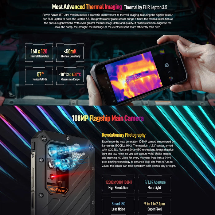 Ulefone Power Armor 18T Ultra 5G Rugged Smartphone 6.58" 12GB+512GB Android 13 Thermal ImagingCamera FLIR® 9600mAh 108MP 66W NFC