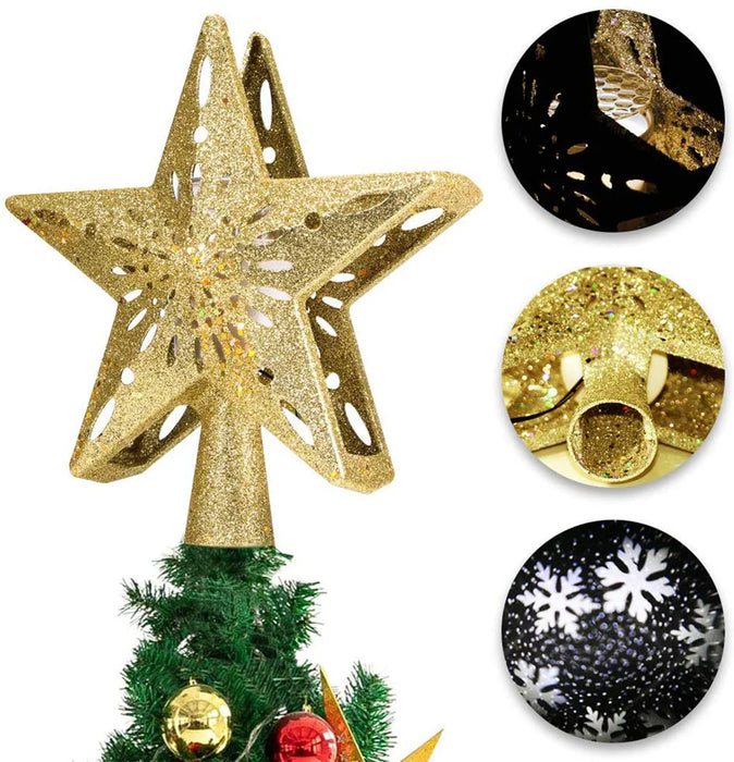 Christmas Tree Topper Decor 3D Glitter Star LED Rotating Snowflake Projector Christmas Tree Ornaments Holiday Party Hanging Lamp