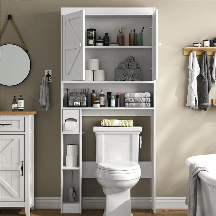 Over The Toilet Storage Cabinet with Shelves and Doors, 32.3''W Free standing Toilet Shelf Space Saver with Anti-Tip Design