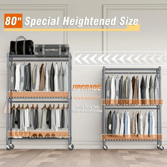 Shelves Wire Shelving Clothing Rolling Rack Heavy Duty Commercial Grade Garment Rack with Wheels and Side Hooks