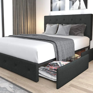 Upholstered Queen Platform Bed Frame, With 4 storage drawers and headboard, Diamond sewn button tufting, Base wood slat support
