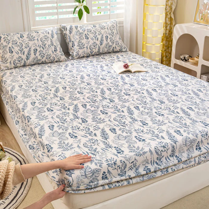 Bonenjoy Bed Sheet with Elastic Washed Cotton Blue Flower Printed Fitted Sheet Single/Queen/King Mattress Cover for Double Beds