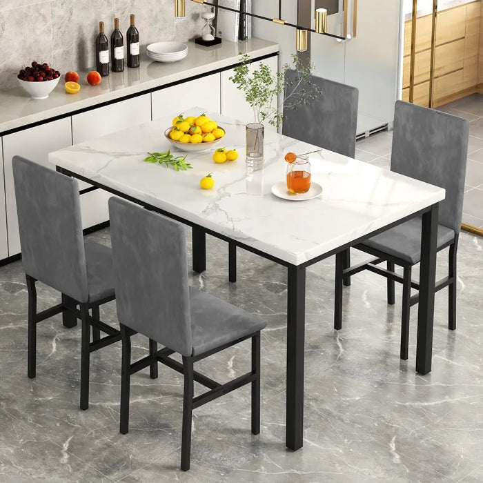 2024 New Dining Table Set for 4, 5-Piece Marble DiningTableSet with 4 Velvet Metal Frame Chairs for Kitchen