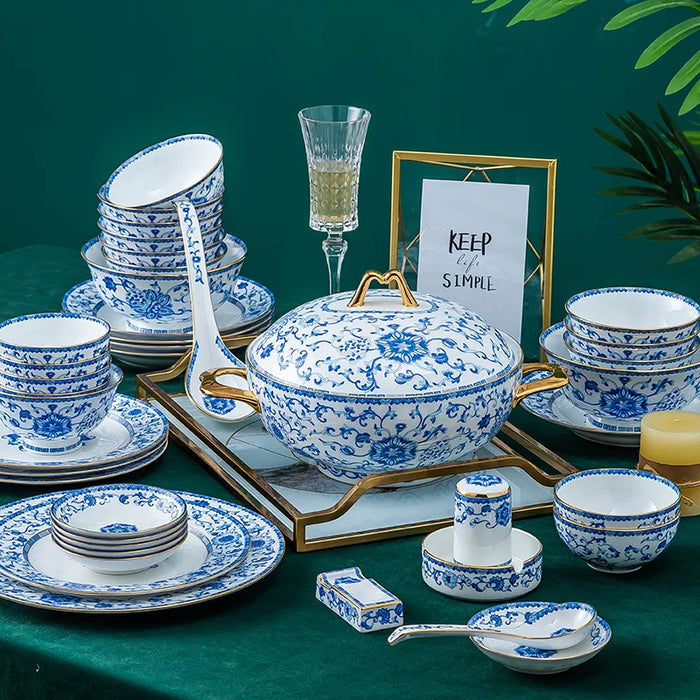 80 pieces Jingdezhen Tableware Set High-grade Dinnerware Set Bone China Bowl Dishes Ramen Plates Chinese Chopsticks Dinner Set