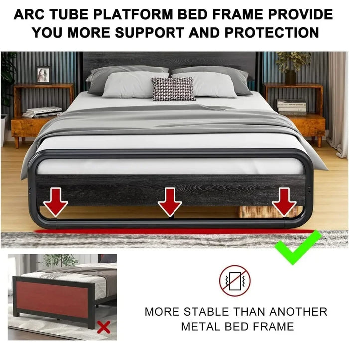 king size bed frame,Metal king bed frame, With LED headboard and footboard, With under bed storage space, No box spring required