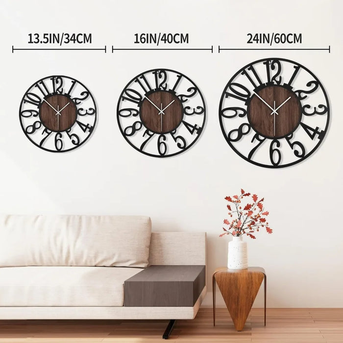 Large Wall Clock, Antique Silent Non Ticking Black Metal Wood Clocks for Living Room, Bedroom, Battery Operated Wall Clock Decor