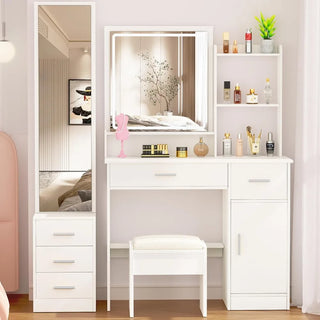 Dresser, Make-up Dresser with Illuminated Mirror, with Stool Set, with Drawer, with 3 Lighting Modes, Dresser Set
