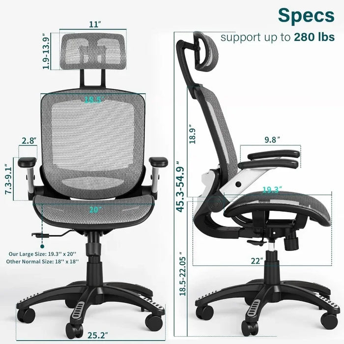 Ergonomic Mesh Office Chair, High Back Desk Chair - Adjustable Headrest with Flip-Up Arms, Tilt Function, Lumbar Support