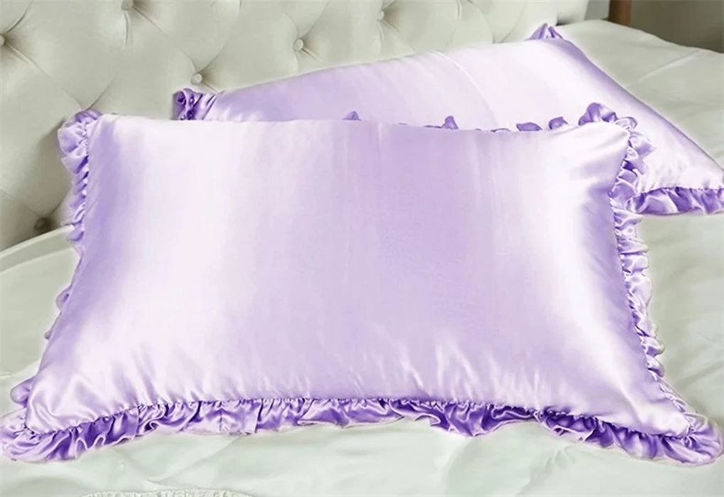 One Pair Ruffles Silk Pillowcases 100% Mulberry Silk Ivory White Purple Colors 74 x 48 Cm 2 Pieces On Sale