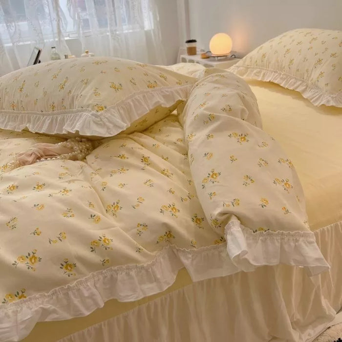 Chic Floral Duvet Cover Set Twin Double Family 100%Cotton Ultra Soft Bedding Elegant White Lace Ruffle Style Bedskirt Pillowcase