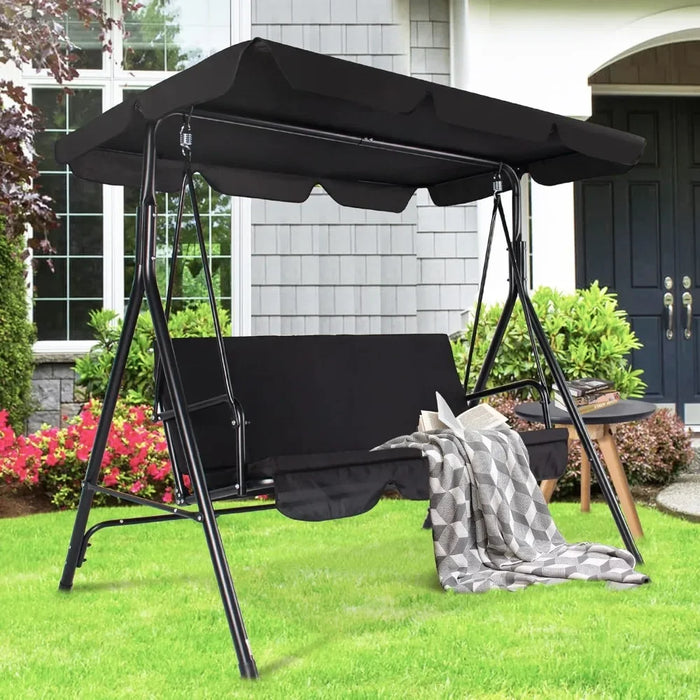 3-Person Porch Swing Chair, Patio Swing Chair with Adjustable Canopy Outdoor Swing with Steel Frame for Yard, Lawn, Garden